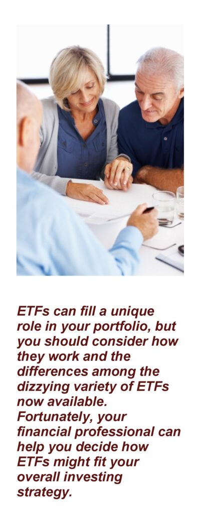 The picture is a couple reviewing some documents with an advisor. The text under the picture reads: ETFs can fill a unique role in your portfolio, but you should consider how they work and the differences among the dizzying variety of ETFs now available. Fortunately, your financial professional can help you decide how ETFs might fit your overall investing strategy. Article title: Exchange-Traded Funds-Do They Belong in Your Portfolio