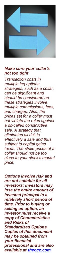 Two arrows pointing in different directions. Caption text: "Make sure your collar's not too tight Transaction costs in multiple leg options strategies, such as a collar, can be significant and should be considered as these strategies involve multiple commissions, fees, and charges. Also, the prices set for a collar must not violate the rules against a so-called constructive sale. A strategy that eliminates all risk is effectively a sale and thus subject to capital gains taxes. The strike prices of a collar should not be too close to your stock's market price. Options involve risk and are not suitable for all investors; investors may lose the entire amount of invested principal in a relatively short period of time. Prior to buying or selling an option, an investor must receive a copy of Characteristics and Risks of Standardized Options. Copies of this document may be obtained from your financial professional and are also available at theocc.com. " Article title: Concentrated Stock Positions: Considerations and Strategies