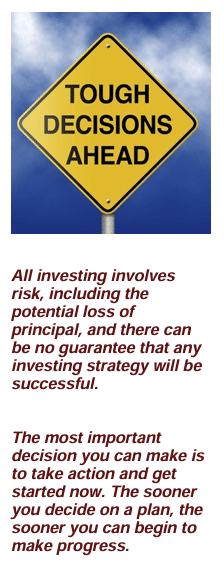 Image: A road sign with the text " Tough Decisions Ahead" under the image reads, "All investing involves risk, including the potential loss of principal, and there can be no guarantee that any investing strategy will be successful." The most important decision you can make is to take action and get started now. The sooner you decide on a plan, the sooner you can begin to make progress." Article title: Pay Down Debt or Save for Retirement?