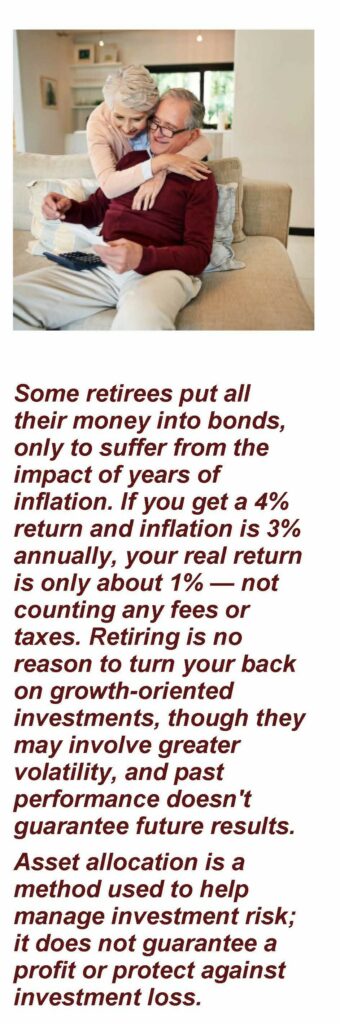 Older couple reviewing a document. One is hugging the other as they talk. Text under image: Some retirees put all their money into bonds, only to suffer from the impact of years of inflation. If you get a 4% return and inflation is 3% annually, your real return is only about 1% — not counting any fees or taxes. Retiring is no reason to turn your back on growth-oriented investments, though they may involve greater volatility, and past performance doesn't guarantee future results. Asset allocation is a method used to help manage investment risk; it does not guarantee a profit or protect against investment loss Article title: Retirement Income Investing- Beyond Annuities