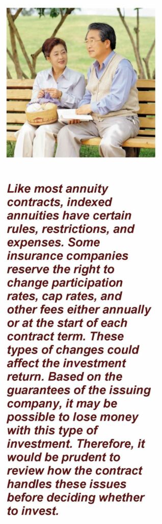 An older couple sitting on a bench speaking to each other as one crochets and the other reads. Text under the image: Like most annuity contracts, indexed annuities have certain rules, restrictions, and expenses. Some insurance companies reserve the right to change participation rates, cap rates, and other fees either annually or at the start of each contract term. These types of changes could affect the investment return. Based on the guarantees of the issuing company, it may be possible to lose money with this type of investment. Therefore, it would be prudent to review how the contract handles these issues before deciding whether to invest. Article title: Understanding Indexed Annuities